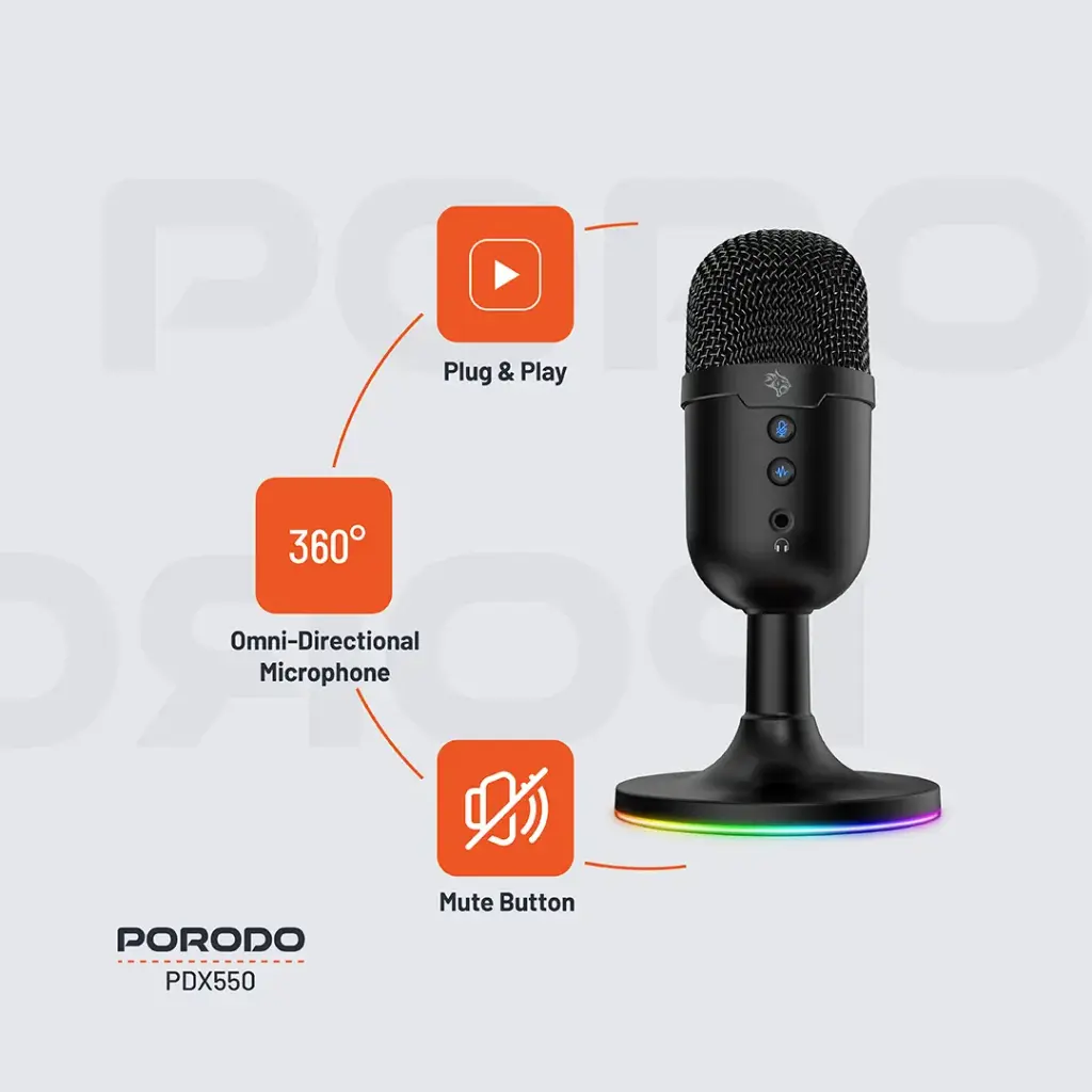 Porodo Gaming Omni-Directional USB Microphone For Stream, Conference & Podcast, RGB PDX550 - Black